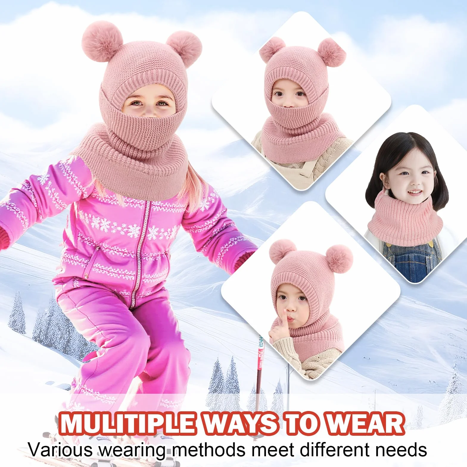 TAGVO Kinder Winter Thermo Sturmhaube 2-5 Jahre, Multifunktionale Winddichte Warm Fleece Schlupfmütze, Wintermütze mit Halswärmer für Jungen Mädchen