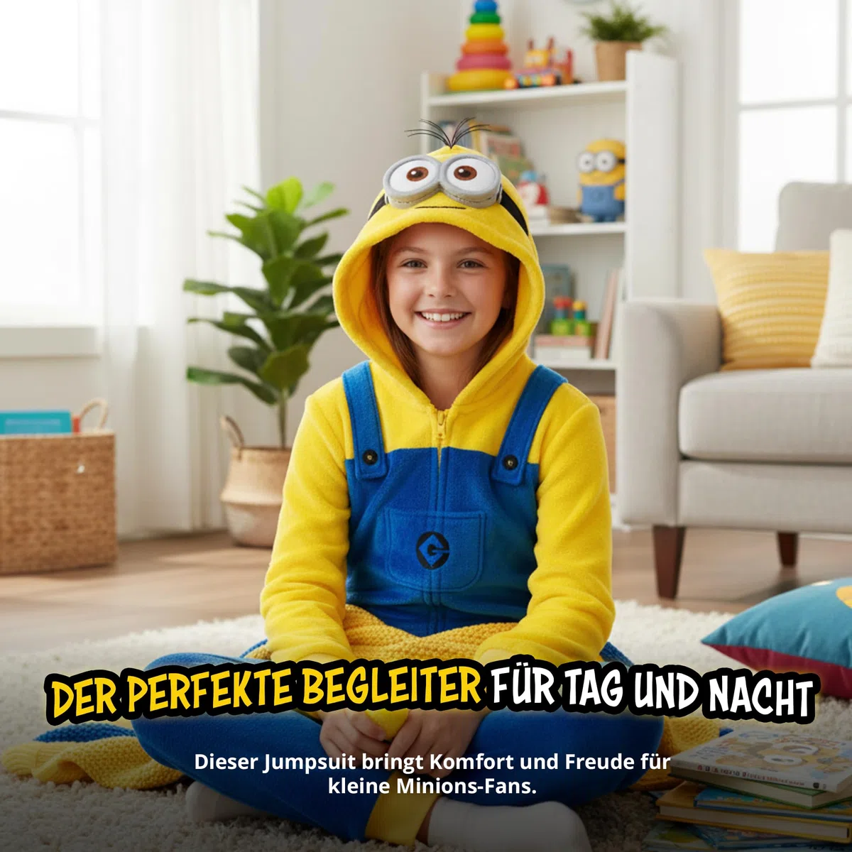 United Labels Minions Kostüm für Kinder, Gelb Blau, Jumpsuit Unisex, Overall mit Kapuze, Einteiler für Karneval Mottoparty