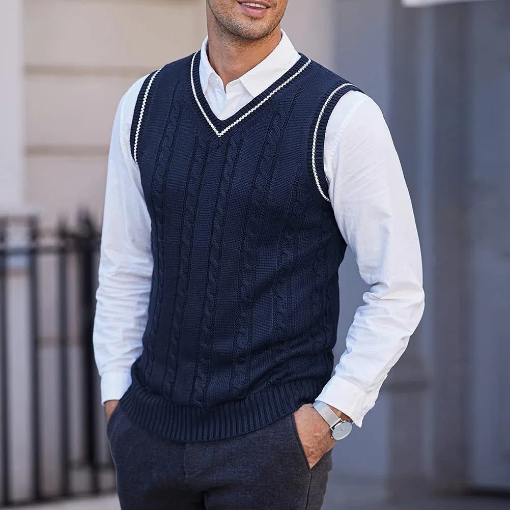 Herren Ärmellose Strickweste Business Pullunder Anzugweste Lässig V-Ausschnitt Pulloverweste Sleeveless Gestrickt Pullover für Männer Strick Weste