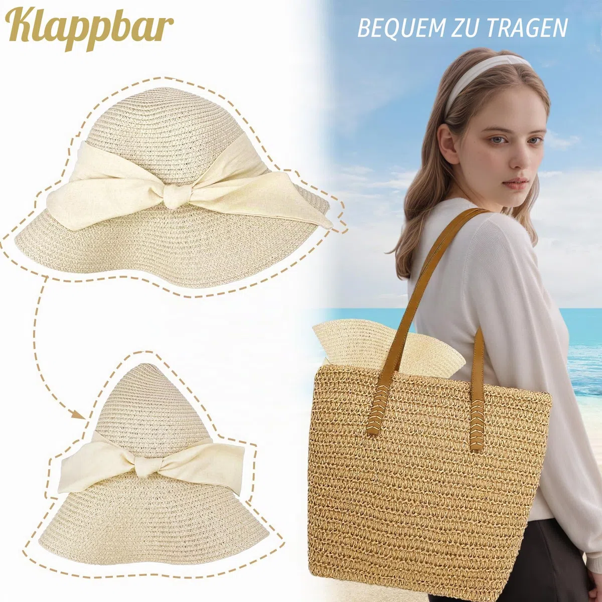 Strand Sonnenhut Damen, Strohhut Sommer Faltbar mit Breite Krempe, Bowknot Strohhüte Sommerhut Leicht für Strand Urlaub Reise