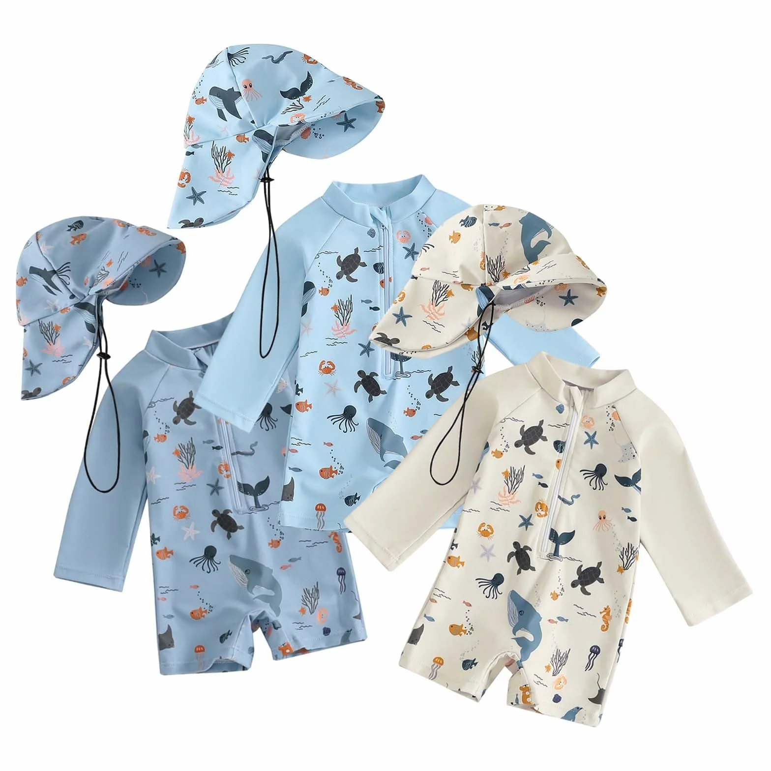 Baby Badeanzug mit Sonnenhut UPF 50+ Badebekleidung für Langarm UV Schutzkleidung Schwimmanzug Neugeborene Mädchen Junge, Kleinkind Einteiliger Shirt 0