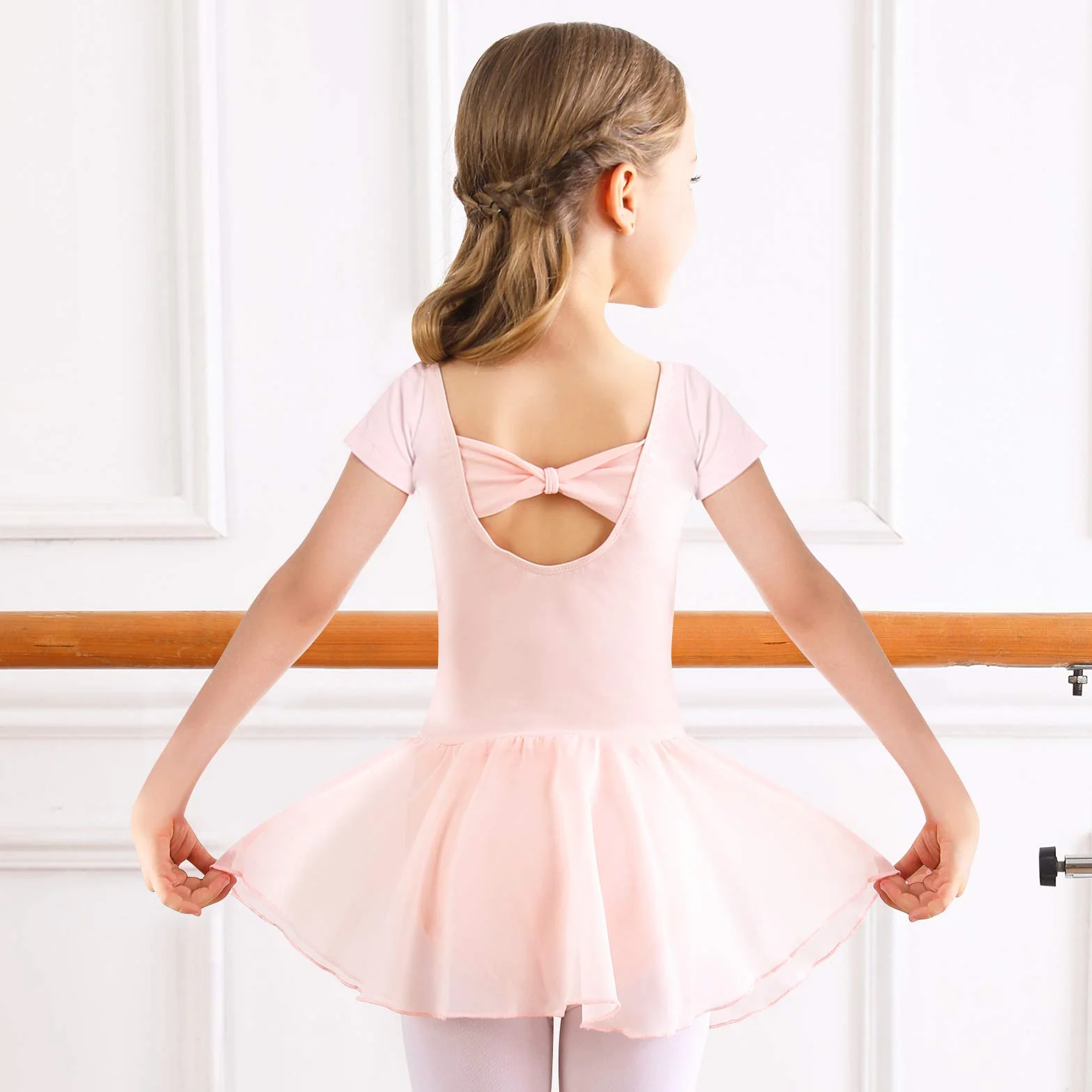 Bezioner Kinder Ballettkleidung Mädchen Ballettkleid Kurzarm Balletttrikot Ballettanzug Tanzkleid Tanzbody aus Baumwolle mit Chiffon Rock Tütü