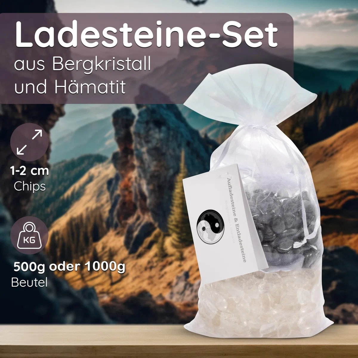 PURAJA Ladesteine und Entladesteine | Premium Hämatit und Bergkristall | 100% echte Edelsteine | Handverlesene Mischung | Zum Laden und Entladen von Edelsteinen, Heilsteinen, Trommelsteinen