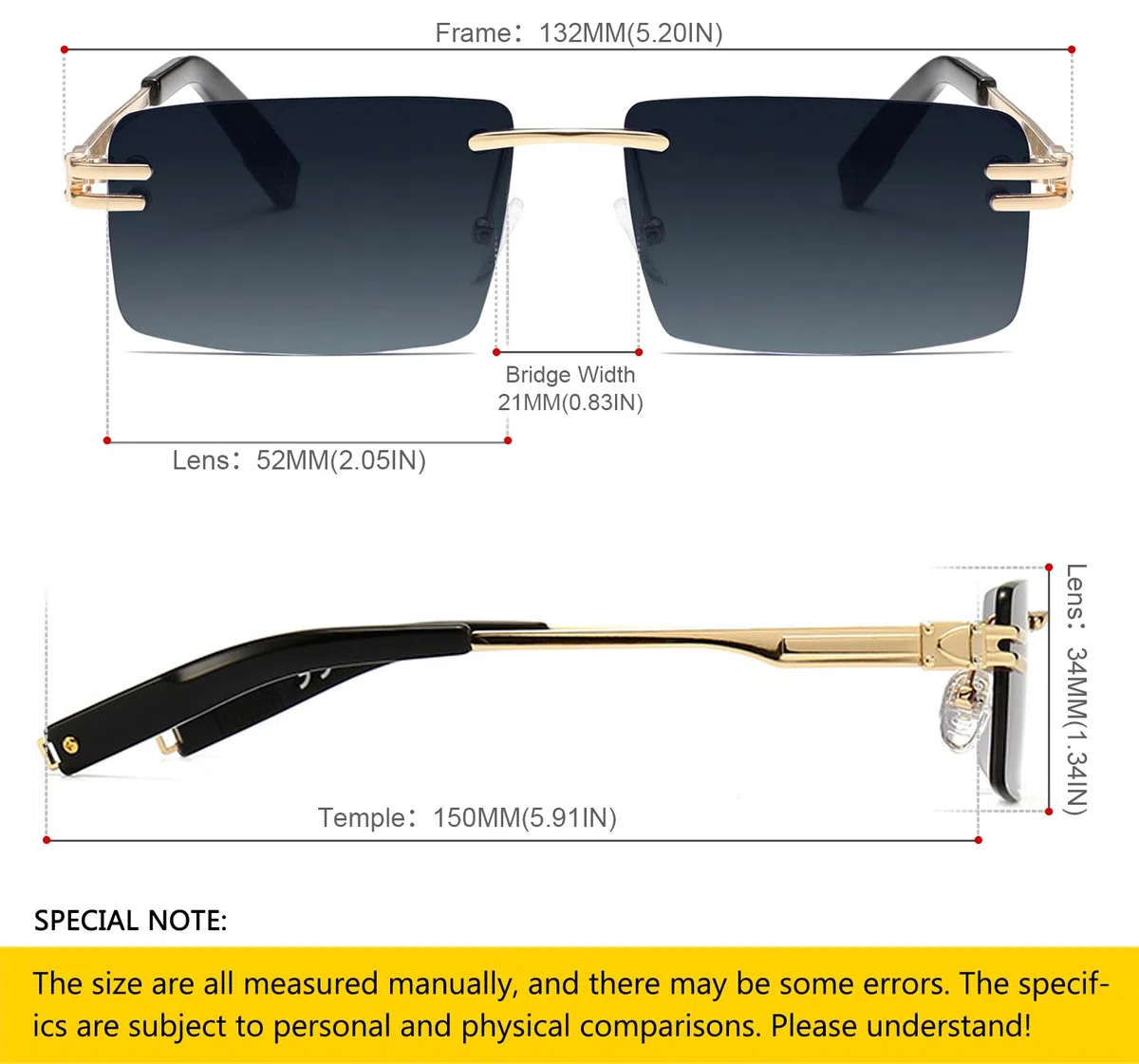 SHEEN KELLY Retro randlose Sonnenbrille für Männer Frauen Rechteck Ultra-Small Frame Sonnenbrille Durchsichtige Brille
