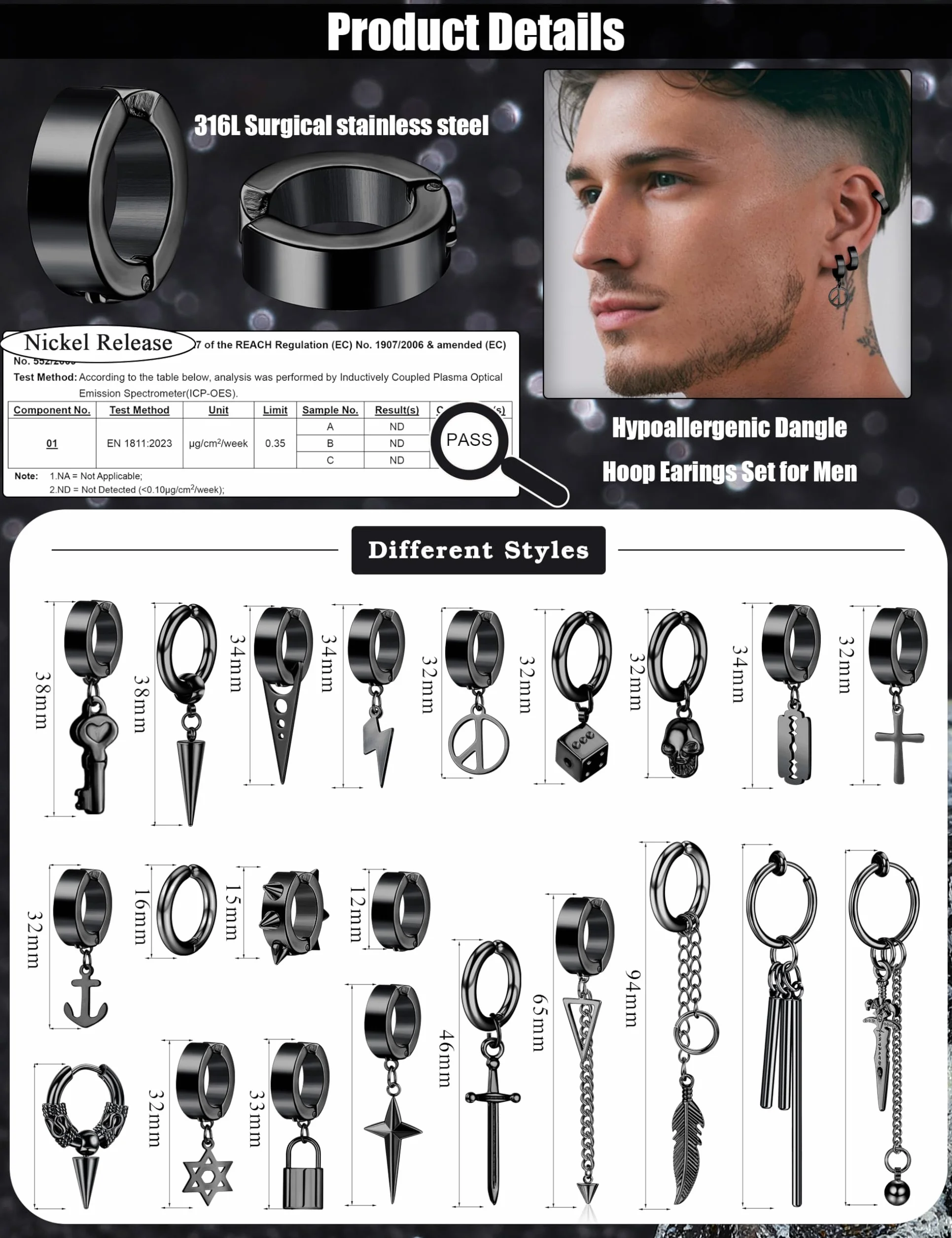 Diamday 25 Stück Ohrclips für Herren - Edelstahl Kreuz Kette Baumeln Ohrringe Schwarz Huggie Non Pierced Punk Gothic Kpop Set Fake Creolen