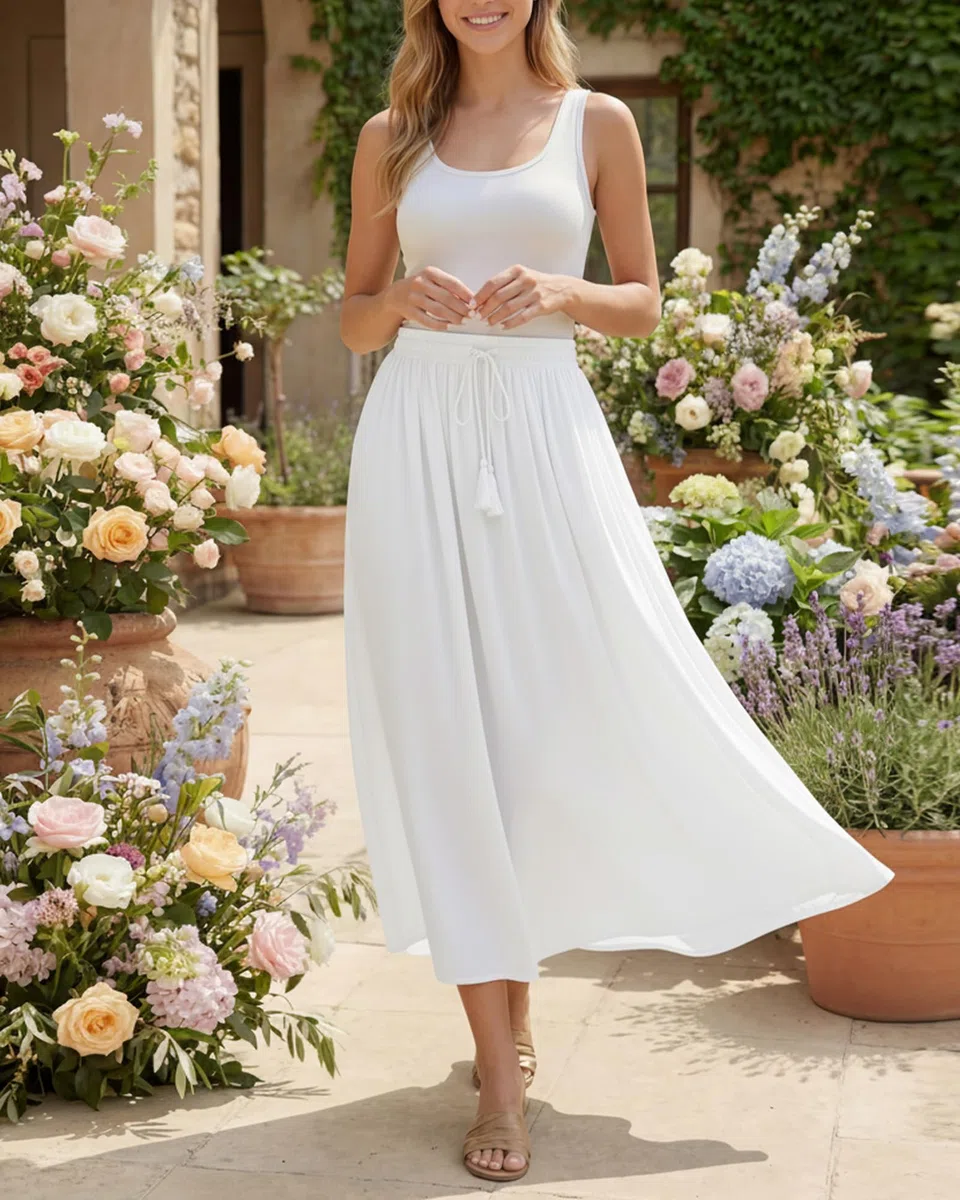 Soudittur Damen Maxirock Lang Sommerrock - Hohe Taille A-Linie Rock mit Taschen & Bindegürtel, Elegant Faltenrock Sommerrock Lange Röcke für Strand Freizeit Party