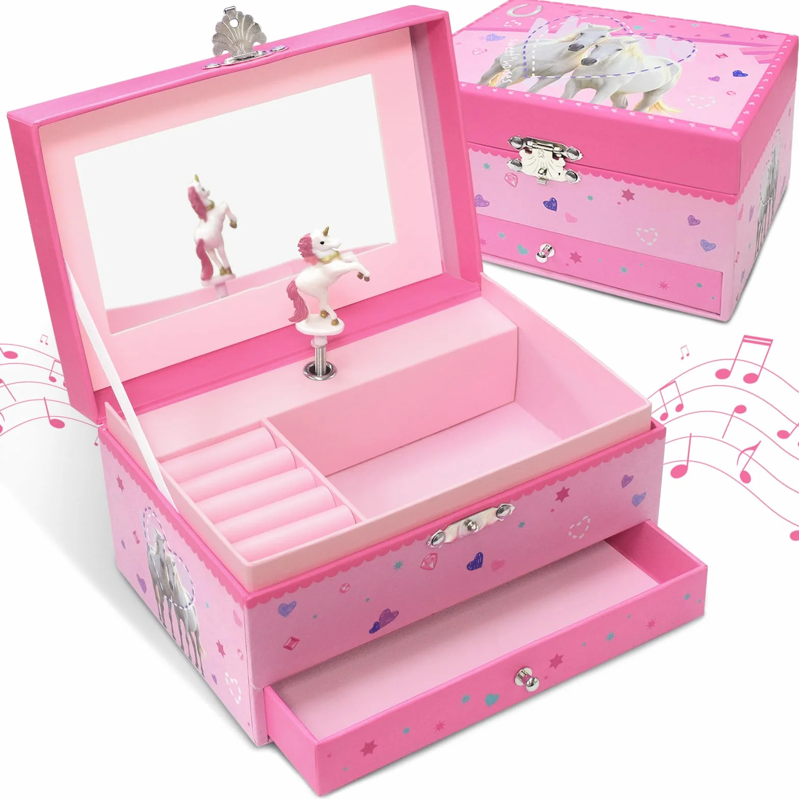 GINMLYDA Pferd Schmuckkästchen für Mädchen, Kinderspieluhr mit Drehendem Einhorn & Schublade Kinder Schmuckschatulle mit Spiegel Musik Spieluhr 18 x 12 x 10 cm Geschenke für Kleine Mädchen Alter 3-10