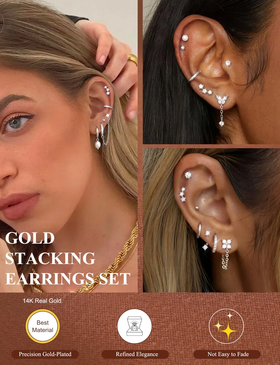 Adramata Ohrringe Gold Set Chirurgenstahl Ohrringe für Damen Hypoallergen Ohrring Creolen Ketten Ohrring Hängend Flatback Medizinische Ohrstecker Set Gold Silber Knorpel Conch Tragus Helix Piercing