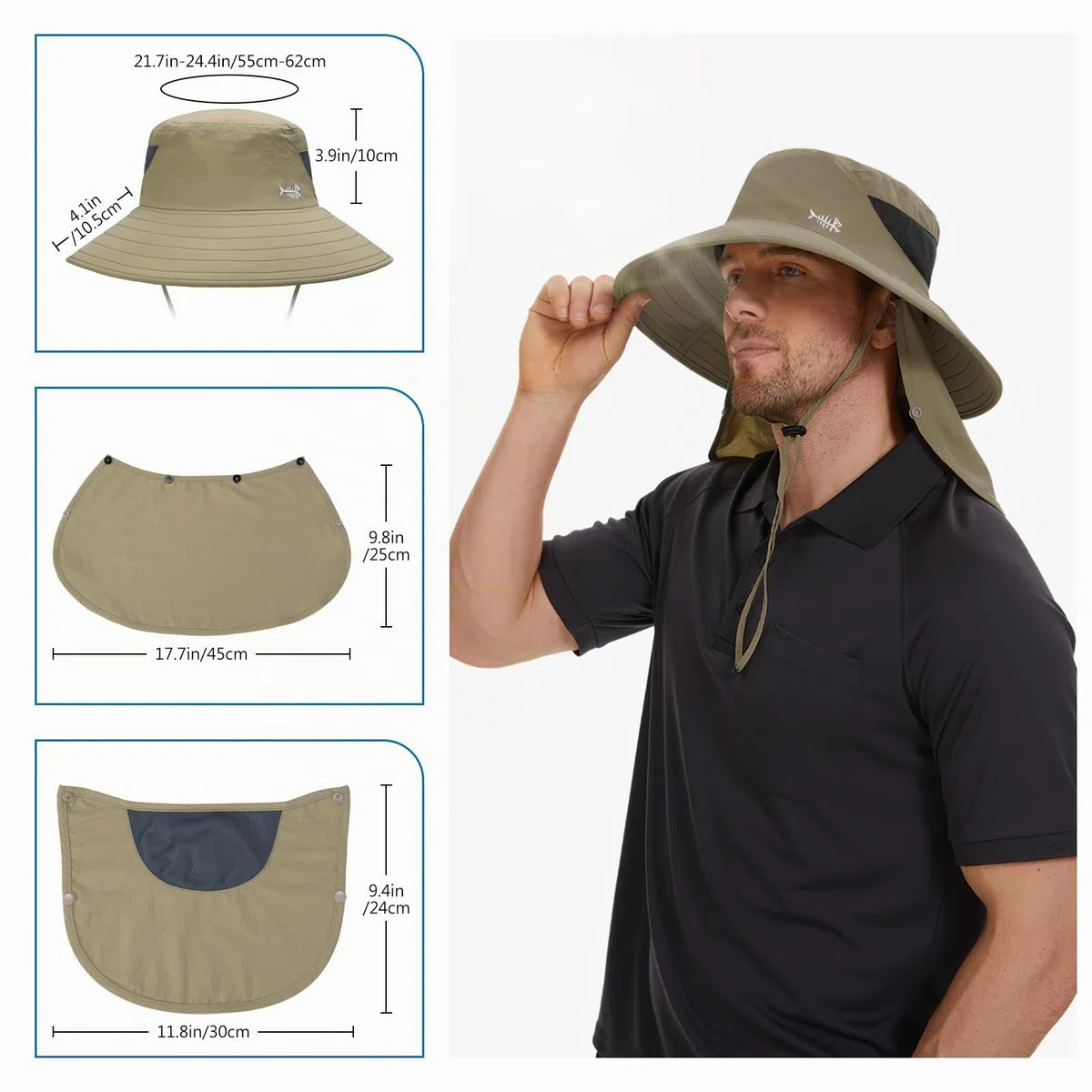 Bassdash Sonnenhut Fischerhut UPF 50+ Breiter Krempe Wanderhut mit abnehmbarem Gesichtsschutz und Nackenklappe Atmungsaktiver Unisex Wasserfester Angelnhut für Damen Herren