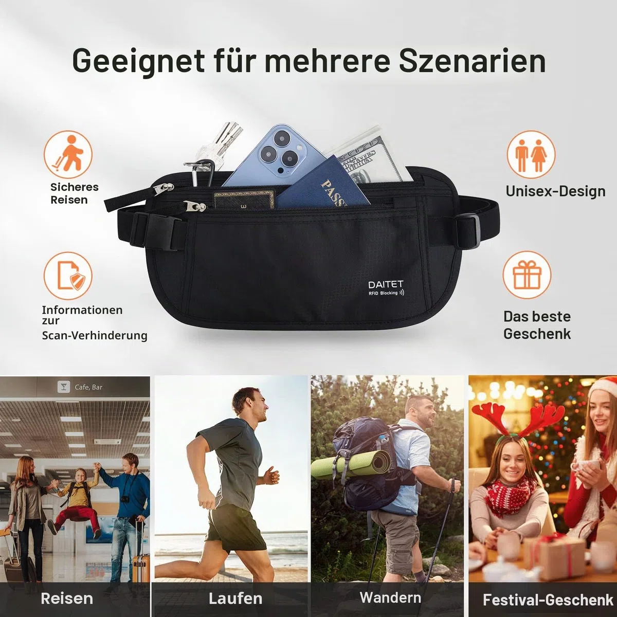 Geldgürtel für Damen und Herren,Die Bauchtasche zum Reisen Flach Mit RFID-Blocker Bauchtasche unter Kleidung tragbar