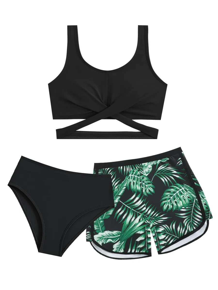 Mädchen Bikini Set 3-teilig mit Badeshorts, Kreuz-Badeanzug für Teenager & Kinder, Modische Badebekleidung für Strand und Pool, 9-14 Jahre (128,134,140,146,152,158,164)