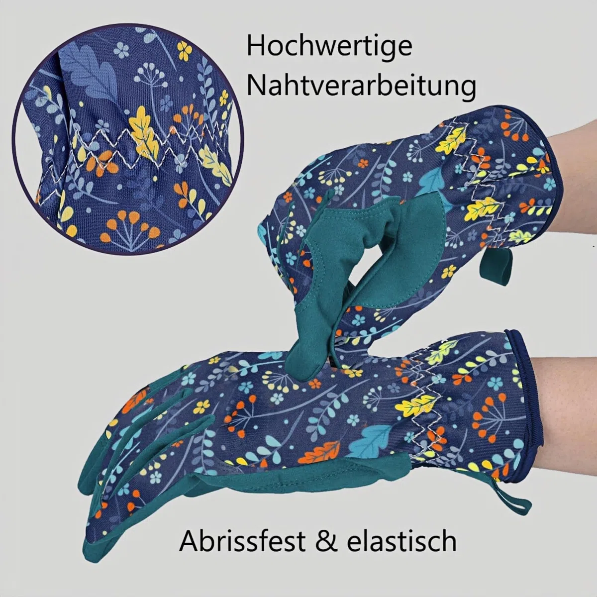 Gartenhandschuhe mit Blumenmuster, Atmungsaktiv und Elastisch, Türkis-Marineblau