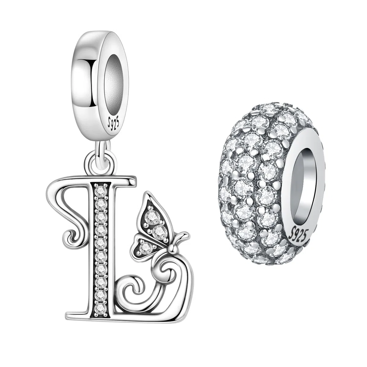 2 Stück 925 Sterling Silber Schmetterling Buchstaben Charms für Armbänder und Halsketten Alphabet Anfangsbuchstaben Anhänger Spacer Stopper Perlen Schmuck Geschenk für Frauen