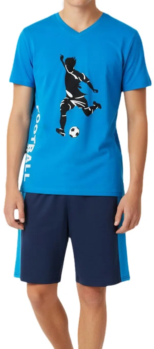 Jungen Schlafanzug kurz, weicher Single-Jersey aus 100% Baumwolle und Hose in Bermuda Form, mit Fussball Motiven