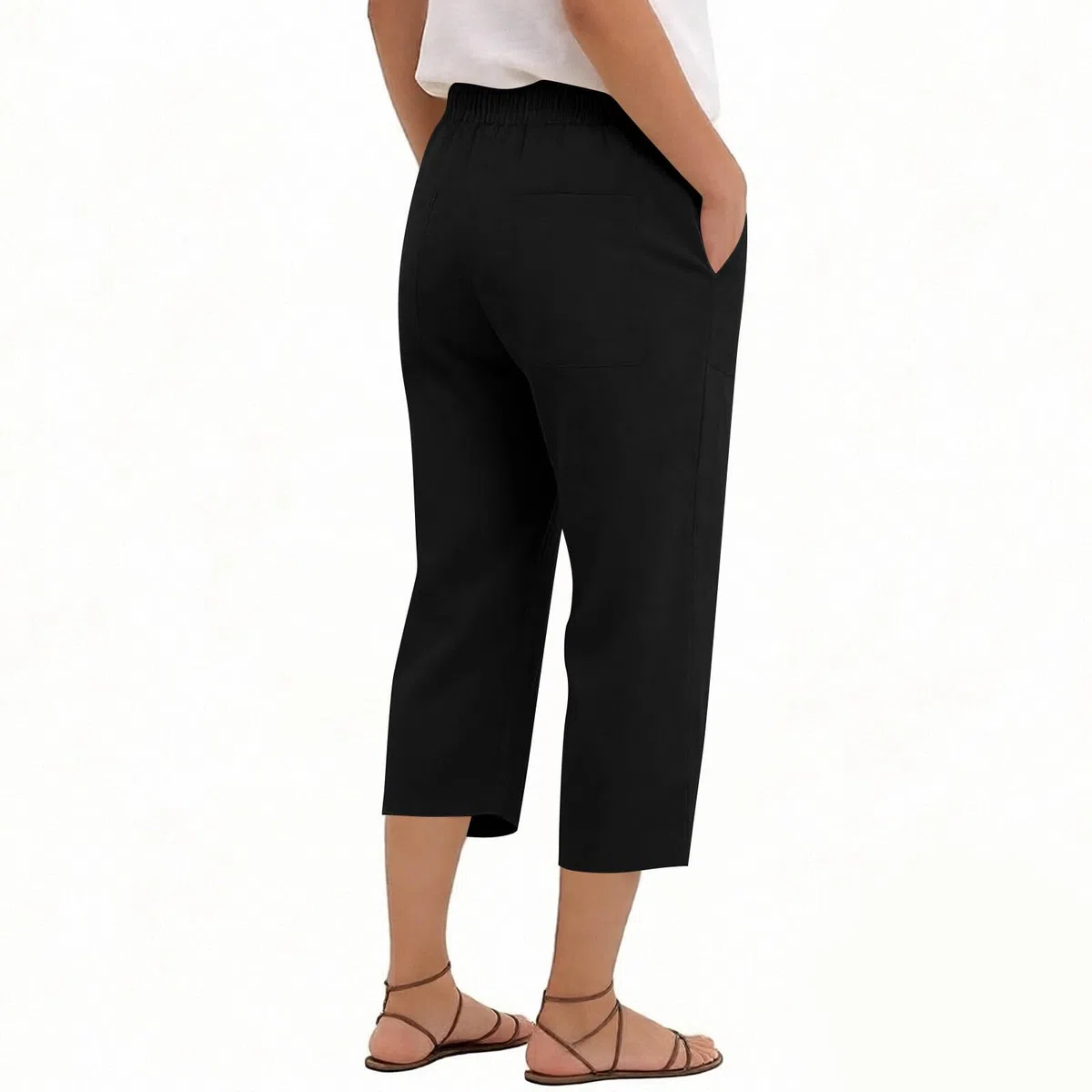 RLEHJN Leinenhose Damen 3/4,Elastische High Waist Sommerhose Damen Leicht und Luftig Stoffhose mit Taschen Causal Locker Jogginghose Lose Yoga Sweathose Gerades Bein Strandhose Freizeithose