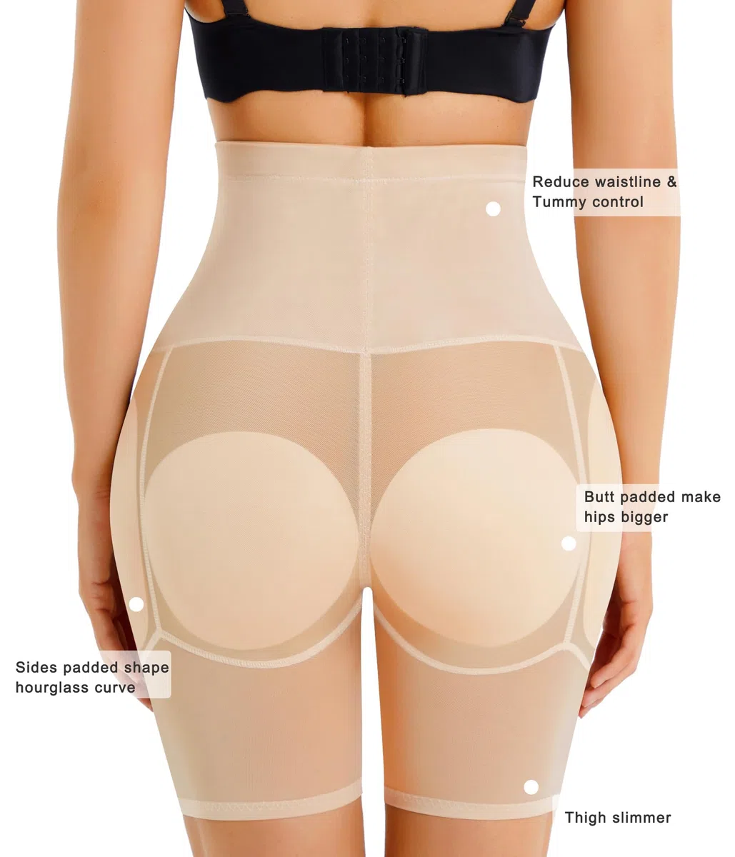 Junlan Damen Push Up Unterhose mit Po Butt Lifter & Hip Enhancer, Shapewear Bauchweg Hohe Taille, Gepolsterte Miederhose mit Hüftpolster, Nahtlose Radlerhose Figurformend