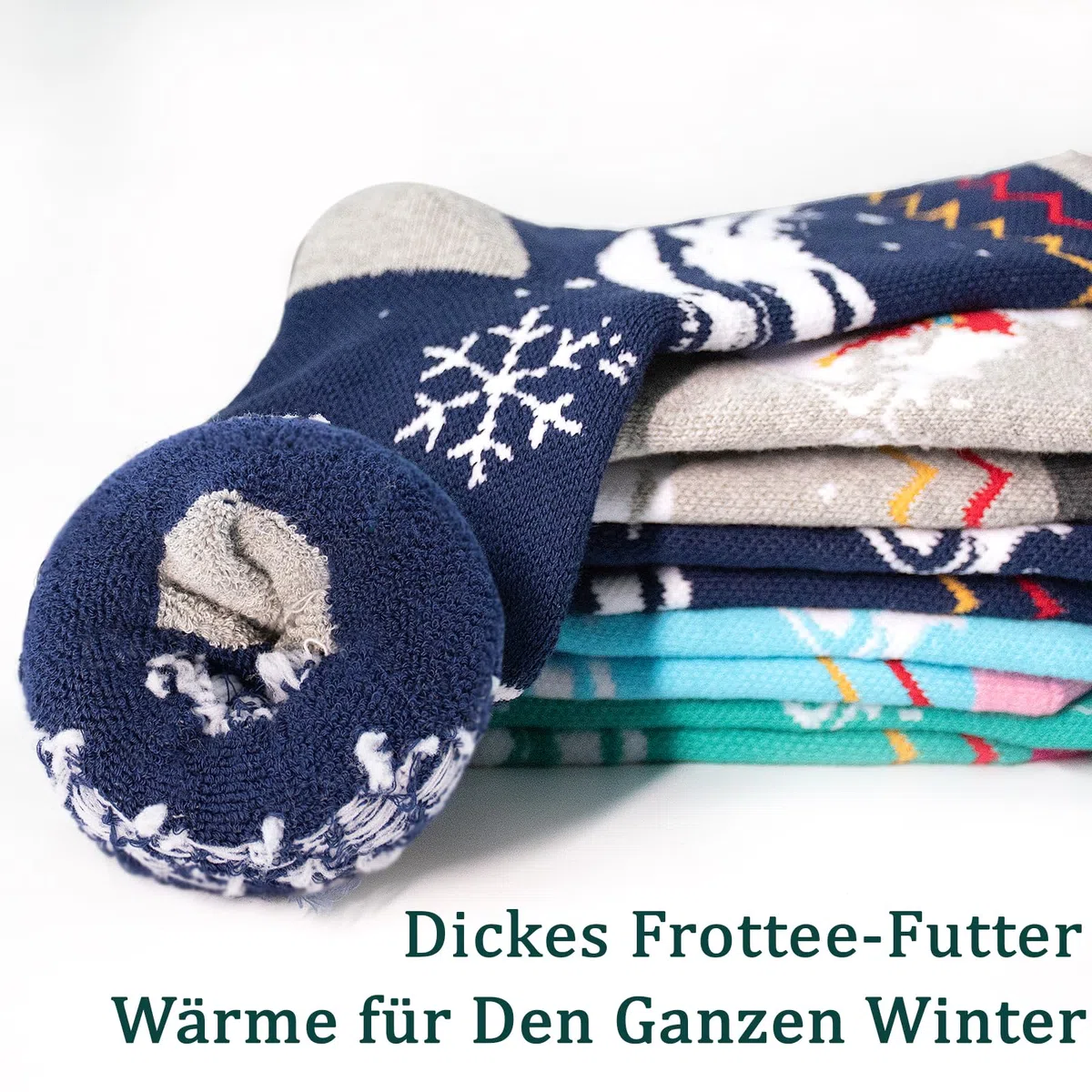 ELUTONG Kinder Skisocken, 2 Paare Jungen und Mädchen Warme Skisocken mit Sonnenaufgangs und Schneemannmotiven für Kinder 3-5 Jahre (Himmelblau)