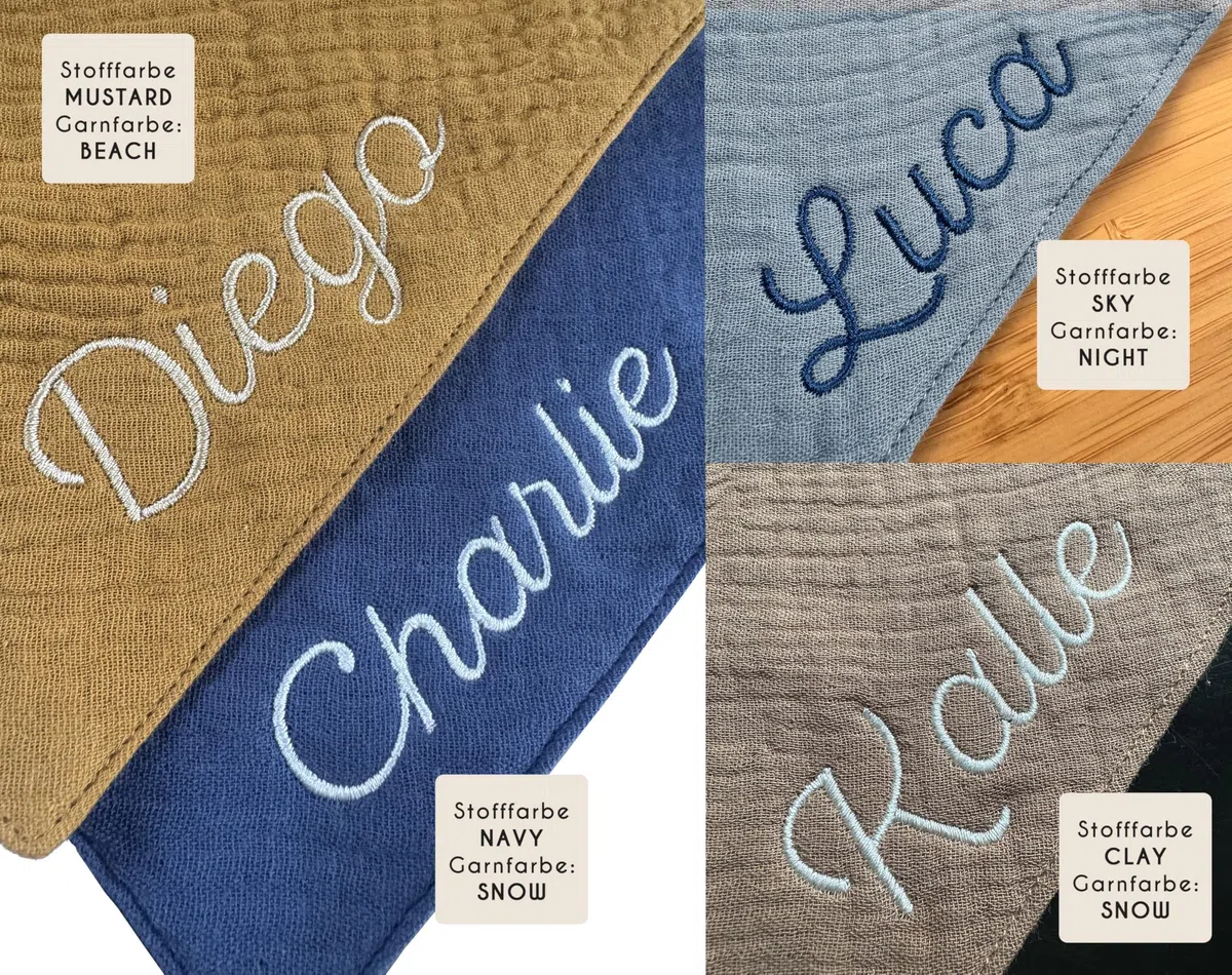 Besticktes Halstuch Dreieckstuch aus Musselin Gaze 100% Baumwolle Stickerei für Babies und Kleinkinder in 2 Grössen erhältlich, mit Namens Personalisierung, Personalisiert