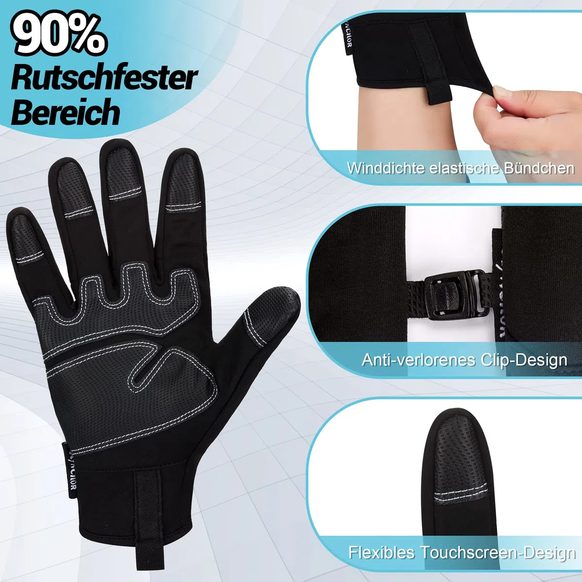 IRYNA Winter Thermo Handschuhe Herren Damen,Fahrradhandschuhe Winddichte Wasserdicht Elastisch rutschfest Touchscreen Handschuhe Radsporthandschue Sporthandschuhe Laufhandschuhe (Schwarz, L)