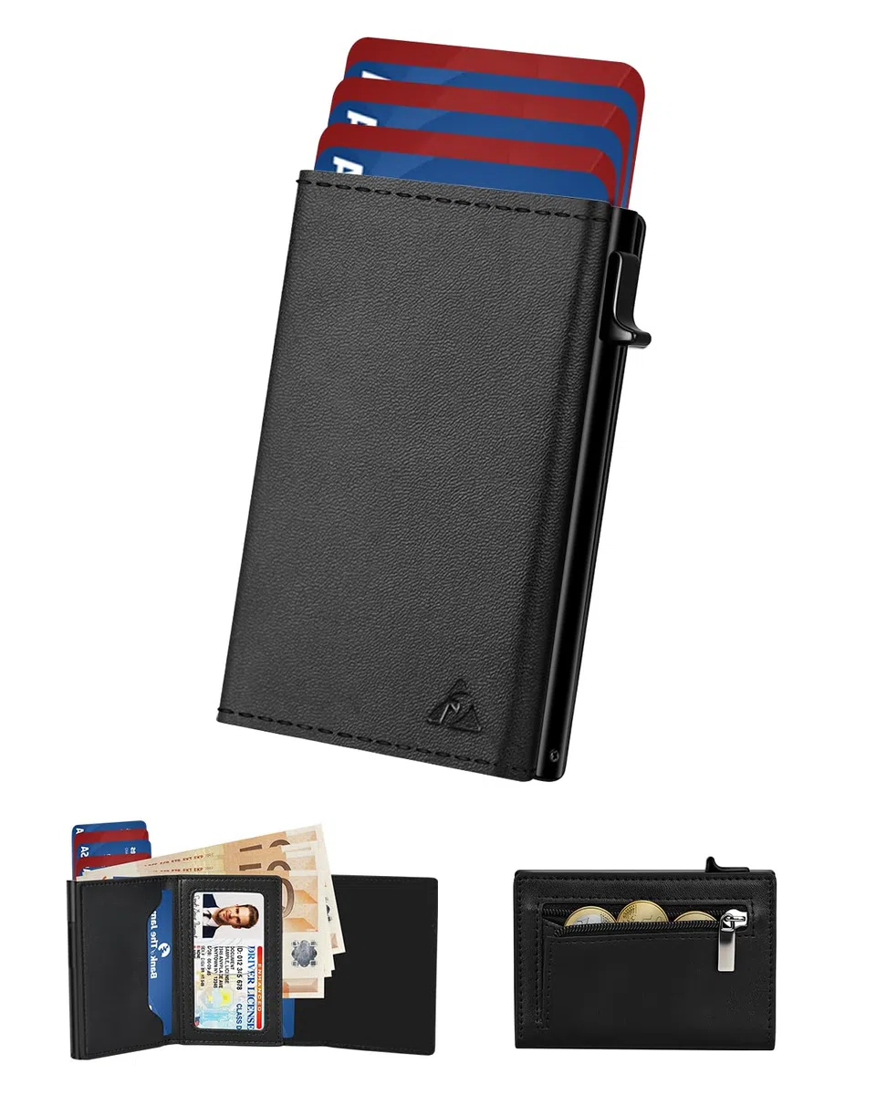 dwnkove Kartenetui Herren, Slim Wallet mit Münzfach & RFID Schutz & ID-Fenster, Pop-Up Smart Wallets for Men and Card Holder, Leder Portmonee Geldbeutel Kreditkartenetui für 11 Karten, Schwarz