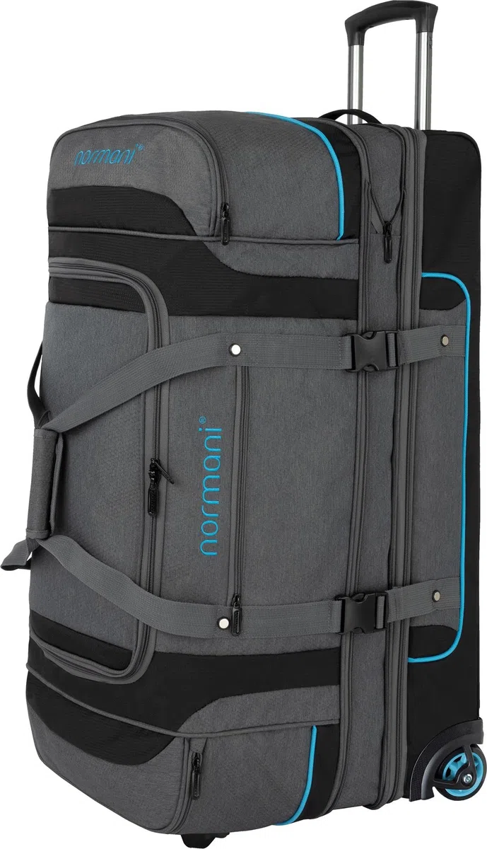 Reisetasche 2-Rad Trolley 120-150 Liter Weichgepäck Travel Bag mit Rollen und 6 Fächern - erweiterbarer Reisetrolley - Rolltasche Sporttasche 81x39x39/47 cm Farbe Grau/Blau Größe 120-150 Liter