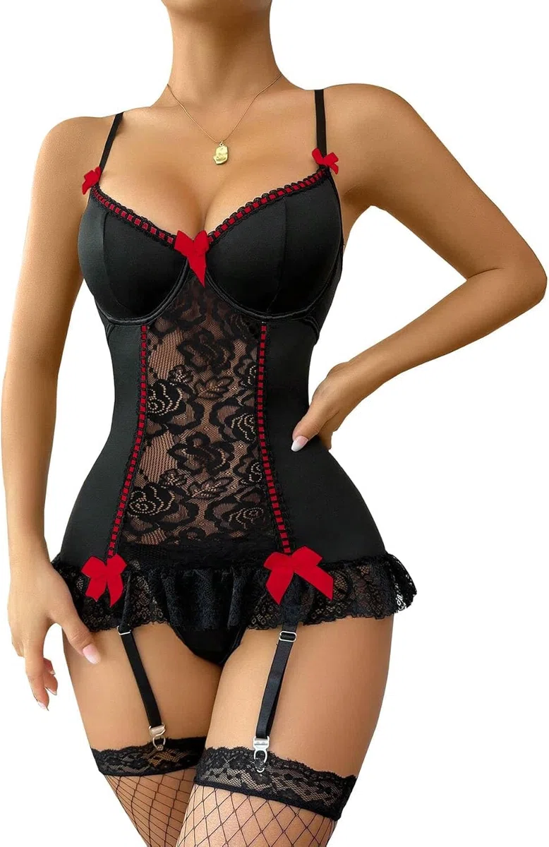 Damen Dessous Sets Sexy Floraler Spitze Bodysuit mit Strumpfgürtel V-Ausschnitt Schleife Vorne Babydoll Underwire mit Strümpfen 2 Teiliges