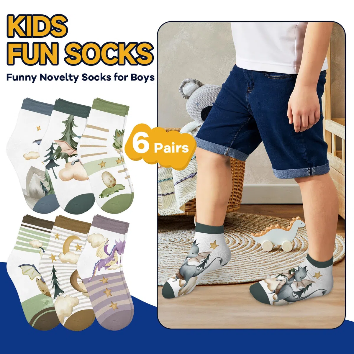 6 Paare Söckchen Kinder Jungen Bunte Dinosauriermuster Boho Baumwolle Socken kinder 23-26/27-30