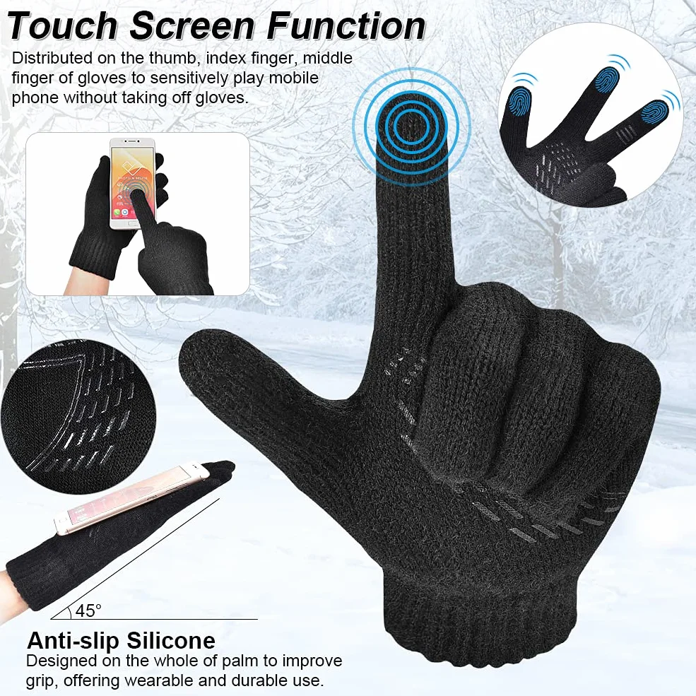 Wintermütze Schal Touchscreen Handschuhe Set - Unisex Beanie Strickmütze Winterschal Thermo Handschuhe | Fleecefutter Warme Knit Hut Loop Schal Rutschfeste Handschuhe | für Herre Ski 3-in-1 Winter-Set