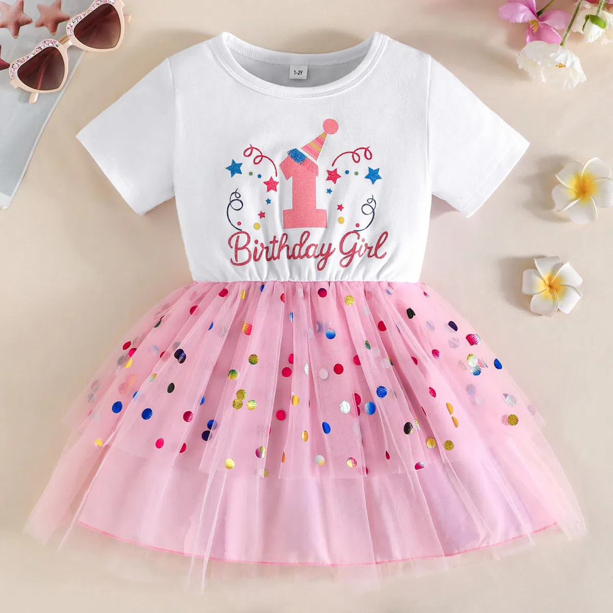 Baby Mädchen Geburtstags Outfit Glitzer Birthday Girl Bodykleid mit gepunktetem Tüllrock Cake Smash Outfit für Fotos