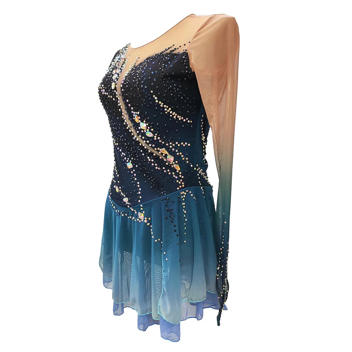 JRUIA Eiskunstlauf Kleid Für Damen Eislaufbekleidung Für Mädchen Dunkelblaues Halo Färben Elastizität Professionelle Wettkampf Skating Bekleidung Kristall Warmes Langarmshirt