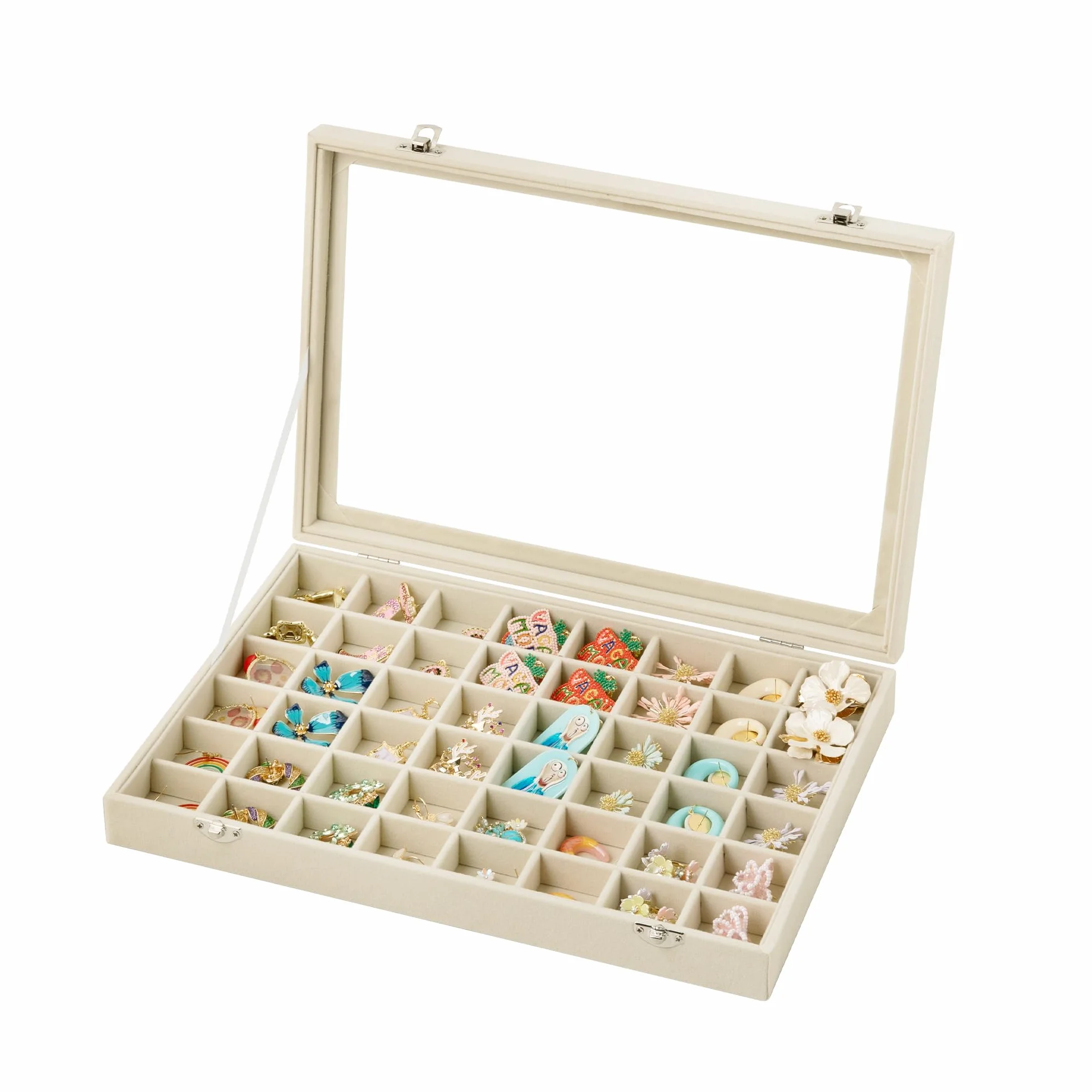 Frebeauty Schmucktablett mit 48 Fächern, verstellbarer Ohrringhalter mit Glasdeckel, Samt-Schublade, Schmuck-Organizer für Ringe, Nieten, 35,8 x 24,1 x 5,1 cm, Schmuckbox, Geschenk für Frauen (Beige)