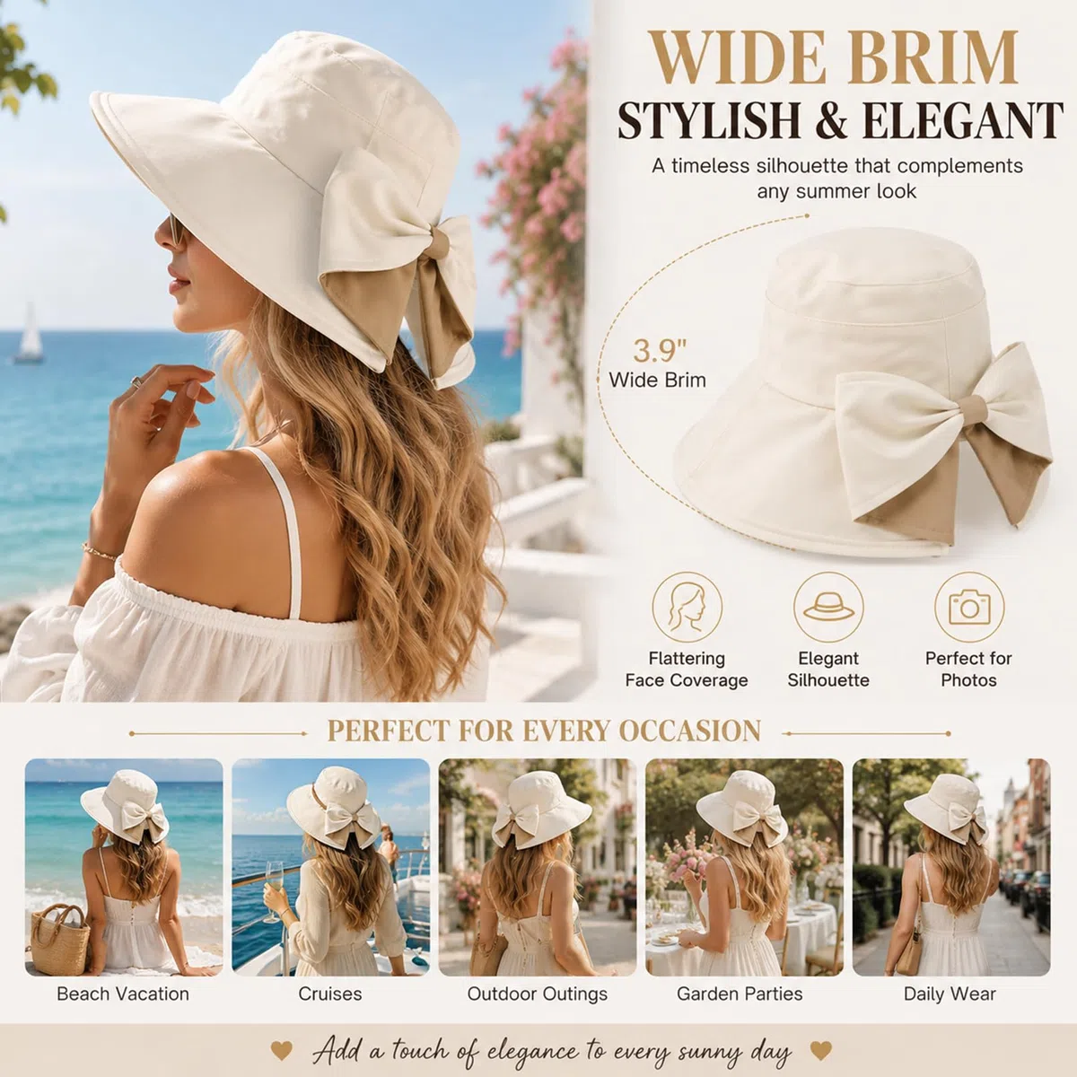 Generisch Damen-Sonnenhut mit Schleife und breiter Krempe, Faltbarer Strandhut für Damen, praktischer Reisehut für den Sommerurlaub mit großer Krempe
