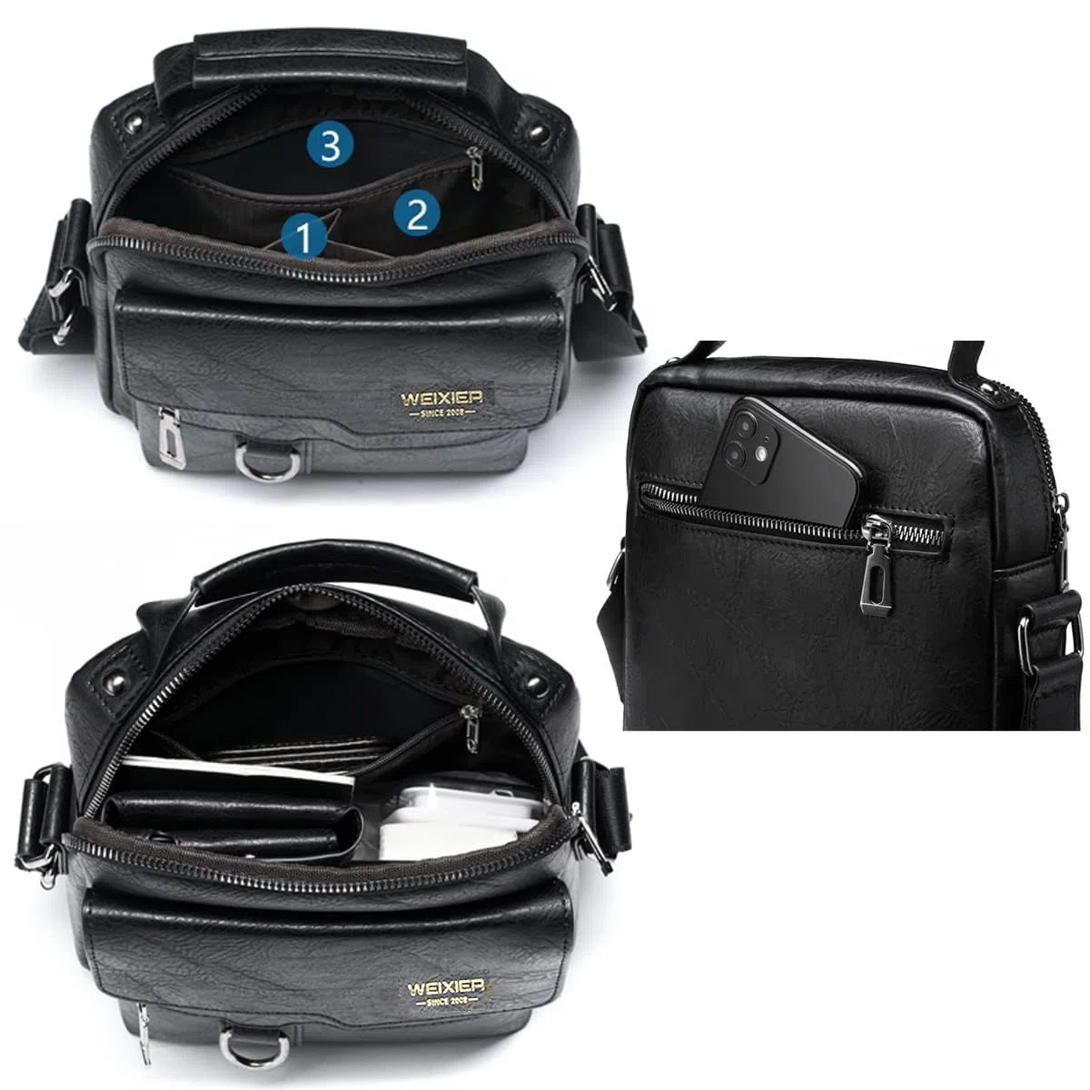 ANPTER Umhängetasche PU Leder Herren Schultertasche Herrentasche Shoulder Bag Seitentasche Crossbody Vintage Umhängetaschen Handytasche Messenger Bag Umhängen Tasche Man (Schwarz Schultertaschen)