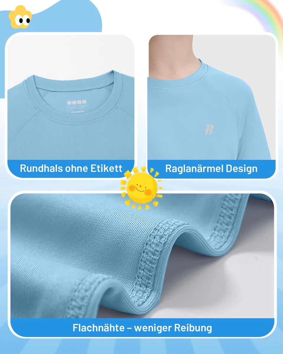 Runhit UPF 50+ UV Shirt Kinder Kurzarm, Atmungsaktives Badeshirt Schwimmshirt mit Rundhals, Schnelltrocknendes Rashguard Top für Strand Wassersport Outdoor
