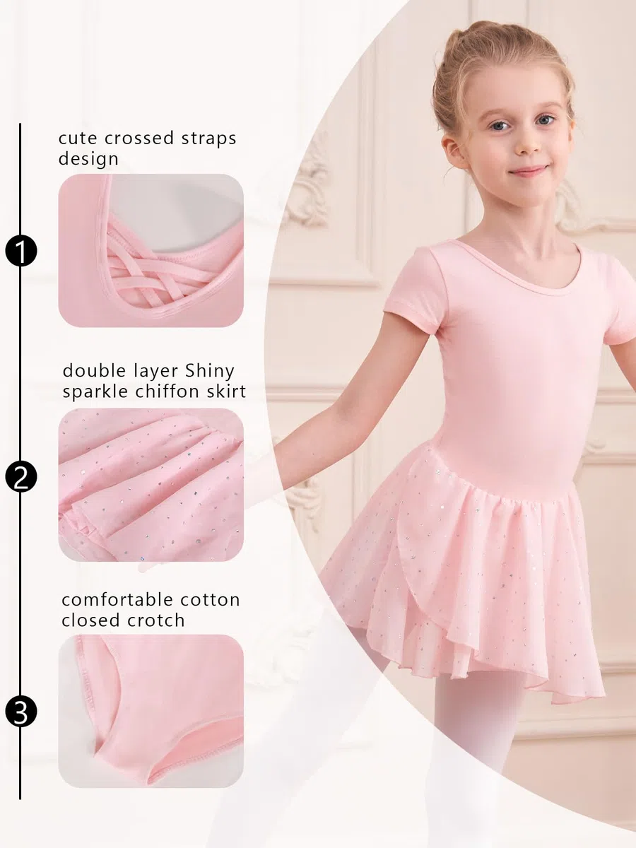 Kinder Ballettkleidung Mädchen Ballettkleid Baumwolle Kurzarm Ballettanzug Mädchen Tanzkleid Balletttrikot mit Glitzerndes Chiffon Rock Tütü 2-11 Jahre