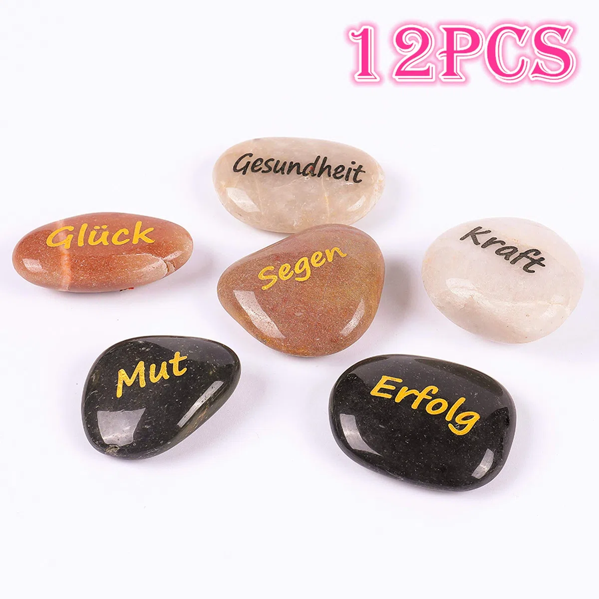 12 Stück RockImpact Steine mit Spruch Glück Gravierte Steine Gravur Inspirierende Steine Glücksbringer Ermutigung Dankbarkeit Geschenk Glückssteine (Großhandel, 12 Verschiedene Sprüche, je 5-8 cm)