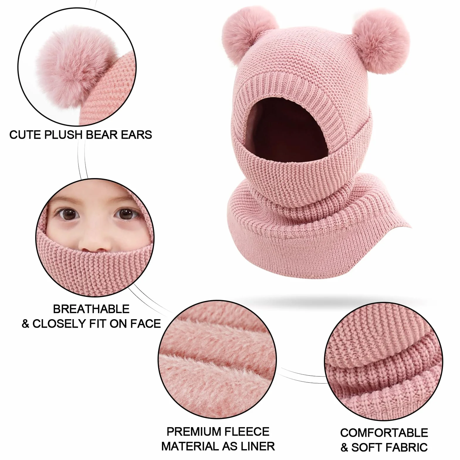 TAGVO Kinder Winter Thermo Sturmhaube 2-5 Jahre, Multifunktionale Winddichte Warm Fleece Schlupfmütze, Wintermütze mit Halswärmer für Jungen Mädchen