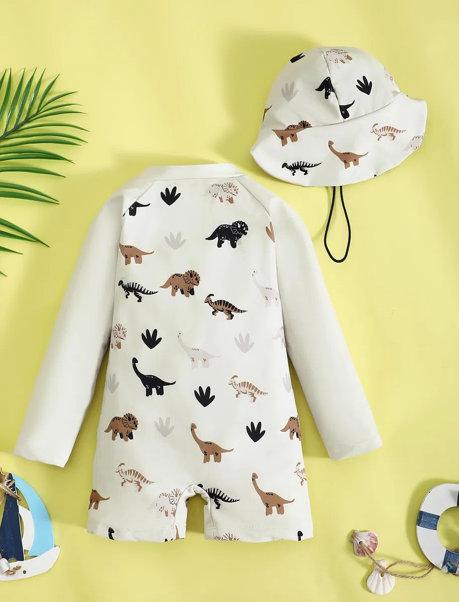 OBEEII Baby Jungen Badeanzug mit Sonnenhut UV Schutz Schwimmanzug Badebekleidung Einteiliger Reißverschluss Kinderbadeanzug Marine Tier Drucken
