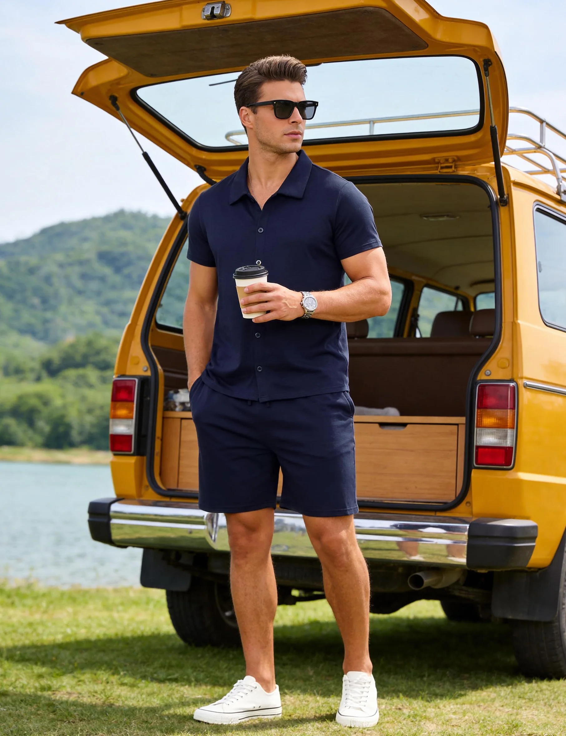 Aseniza Schlafanzug Herren Kurz Pyjama Baumwolle Shorty Knöpfe Sommer Kurzarm Zweiteilige Schlafanzüge Set für Männer