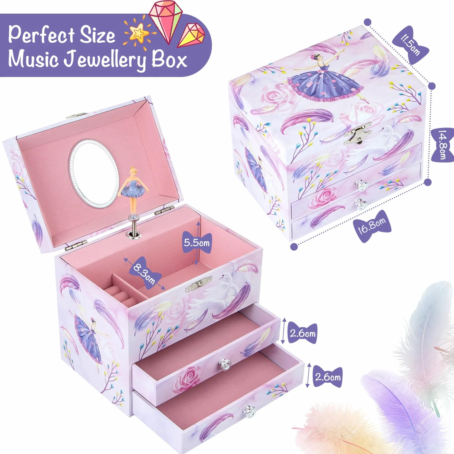 Ballerina Schmuckkästchen für Mädchen, Kinder Spieluhr mit drehender Ballerina, 2 Schubladen und Einhorn Schmuckset, Musikkästchen Geschenk für Kinder Mädchen