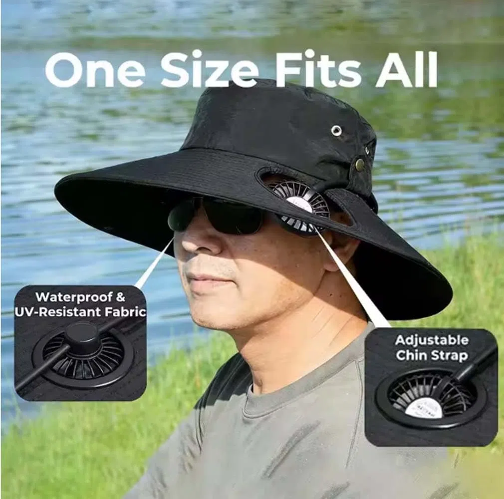 2-in-1 Hands-Free Hat Fan with Detachable Neck Fan,Sonnenhut mit USB wiederaufladbare Ventilator Mütz,Sonnenhut mit breiter Krempe UPF 50+ & wasserdicht,Breite Krempe Sonnenhut für Männer Frauen