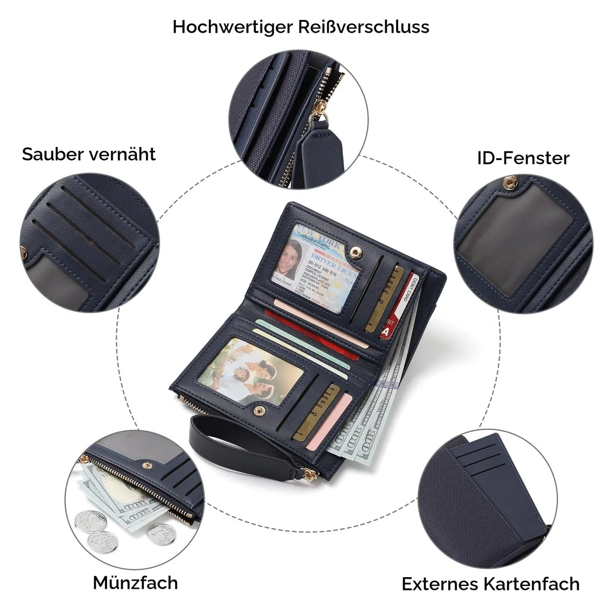 Geldbörse Damen aus weichem Leder, Portemonnaie Damen klein Geldbeutel klein mit viele Kartenhalter Geldbörse mittelgroß mit Reißverschluss-Armband und Münzfach, Schwarz