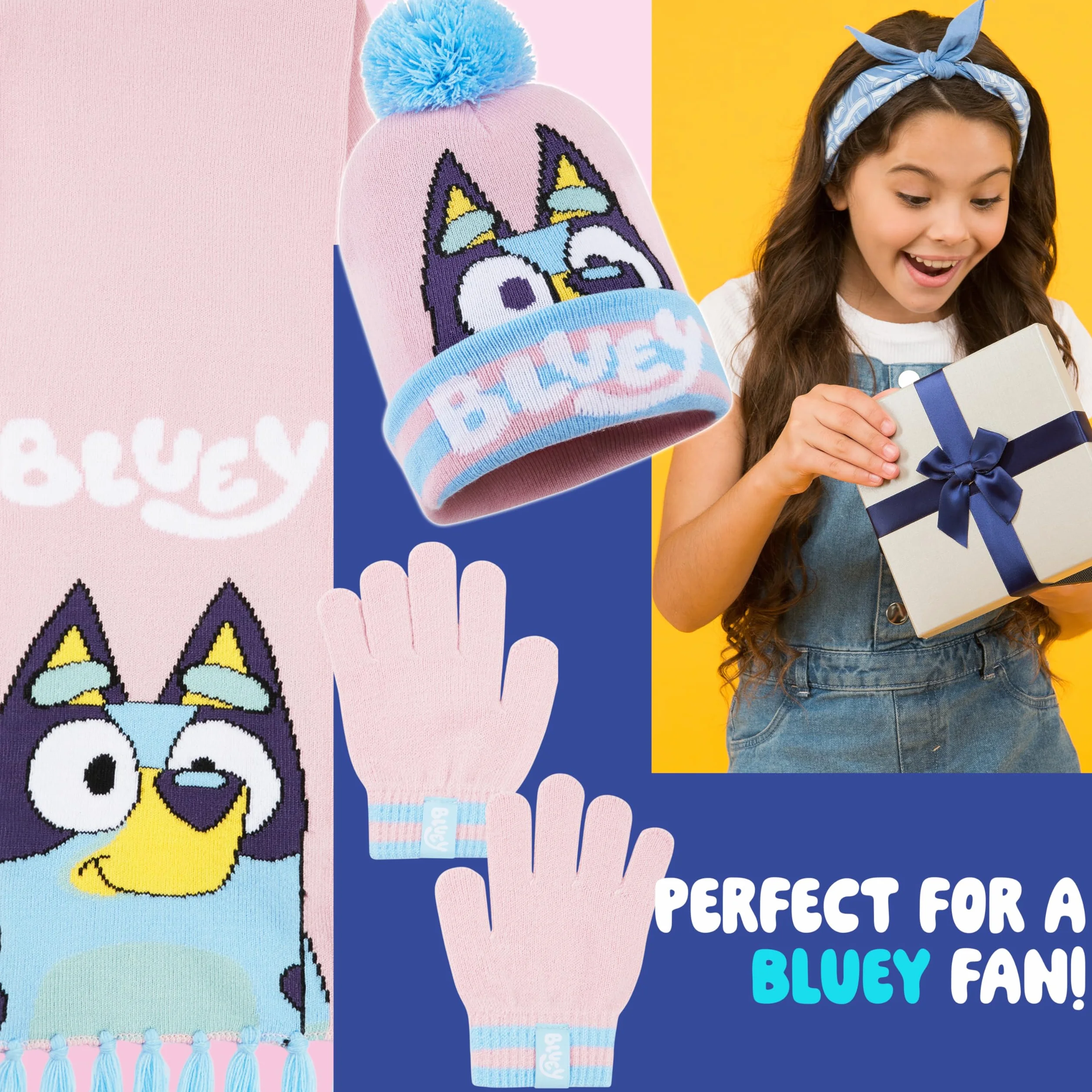 Bluey Mädchen Winter Accessoires Set, Mütze, Schal & Handschuhe oder Beanie & Handschuhe - Geschenke für Kinder
