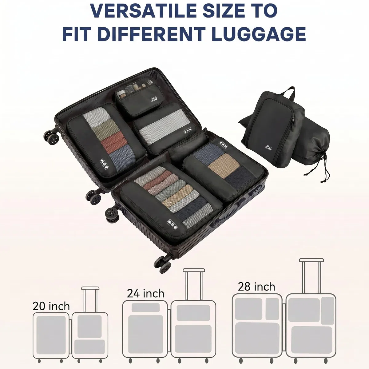 MURISE Koffer Organizer 8 Stück, Packing Cubes für Urlaub und Reisen, Packwürfel Packtaschen für Koffer, mit Schuhtasche Kosmetiktasche, Ordnungssystem, Travel Essentials, Schwarz