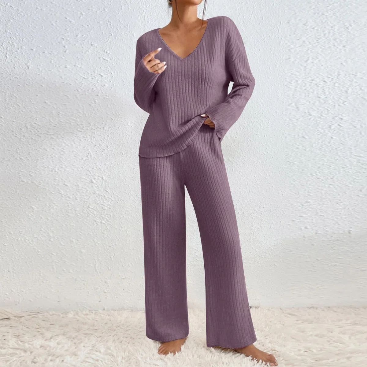 RLEHJN Jogginganzug Damen Set,Lang Gerippt Hausanzug Kuschelig Einfarbig Pyjama Set Elegant Langarm Nachtwäsche Zweiteiler Weich Strickanzug Loungewear Freizeit Trainingsanzug für Herbst Winter