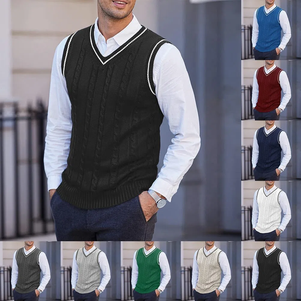 Herren Ärmellose Strickweste Business Pullunder Anzugweste Lässig V-Ausschnitt Pulloverweste Sleeveless Gestrickt Pullover für Männer Strick Weste