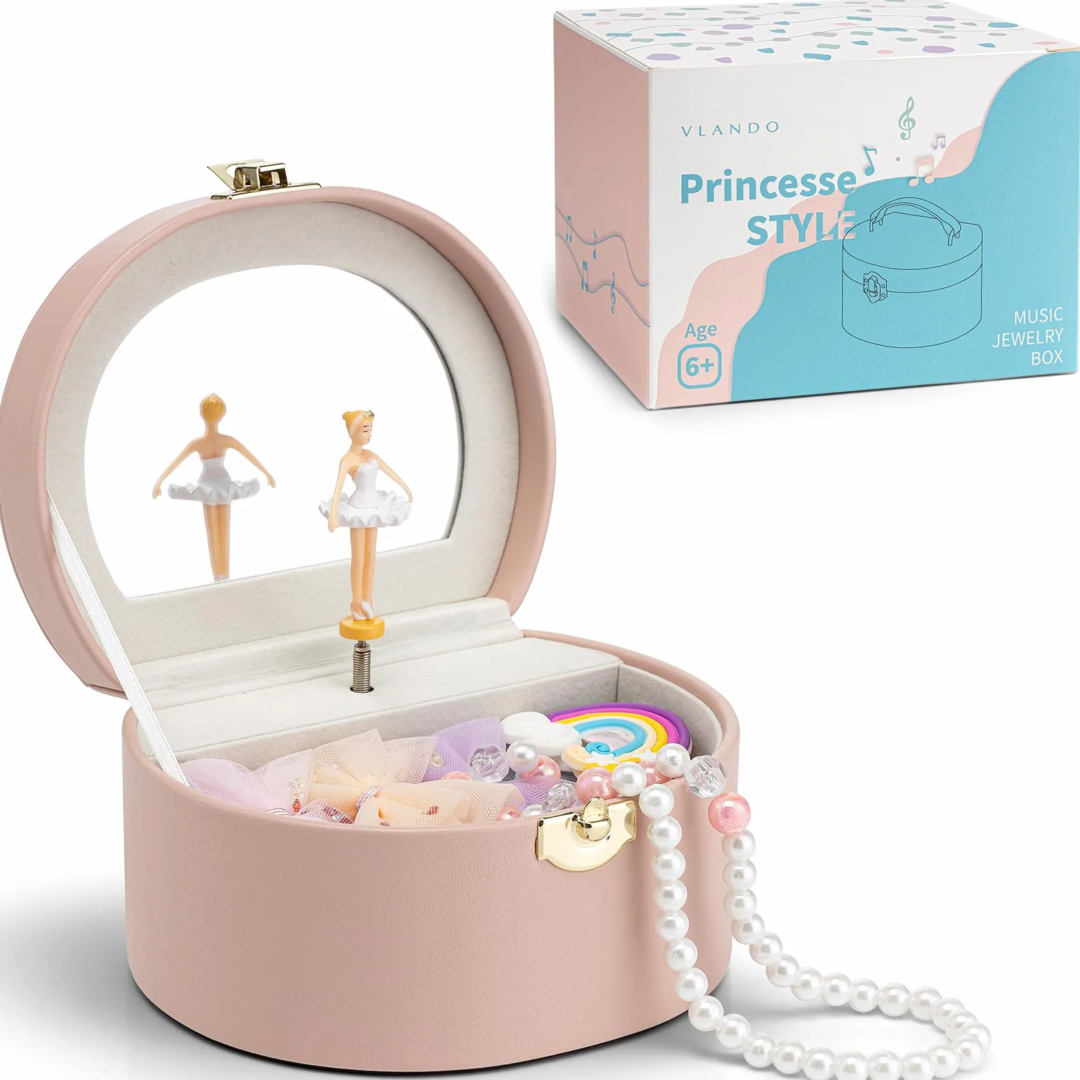 VLANDO Spieluhr Schmuckkästchen Mädchen mit Ballerina, Tragbar Schmuckkasten Schmuckdose für Kinder, Schmuck Organizer mit Spiegel, Spielzeug Geschenke 4 5 Jahre, mit Süßem Aufkleber