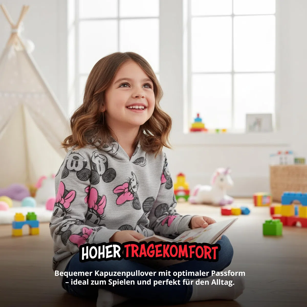 United Labels Disney Minnie Mouse Pullover mit Kapuze für Mädchen, Grau Rosa, Hoodie, Sweatshirt, Kapuzenpullover für Kinder