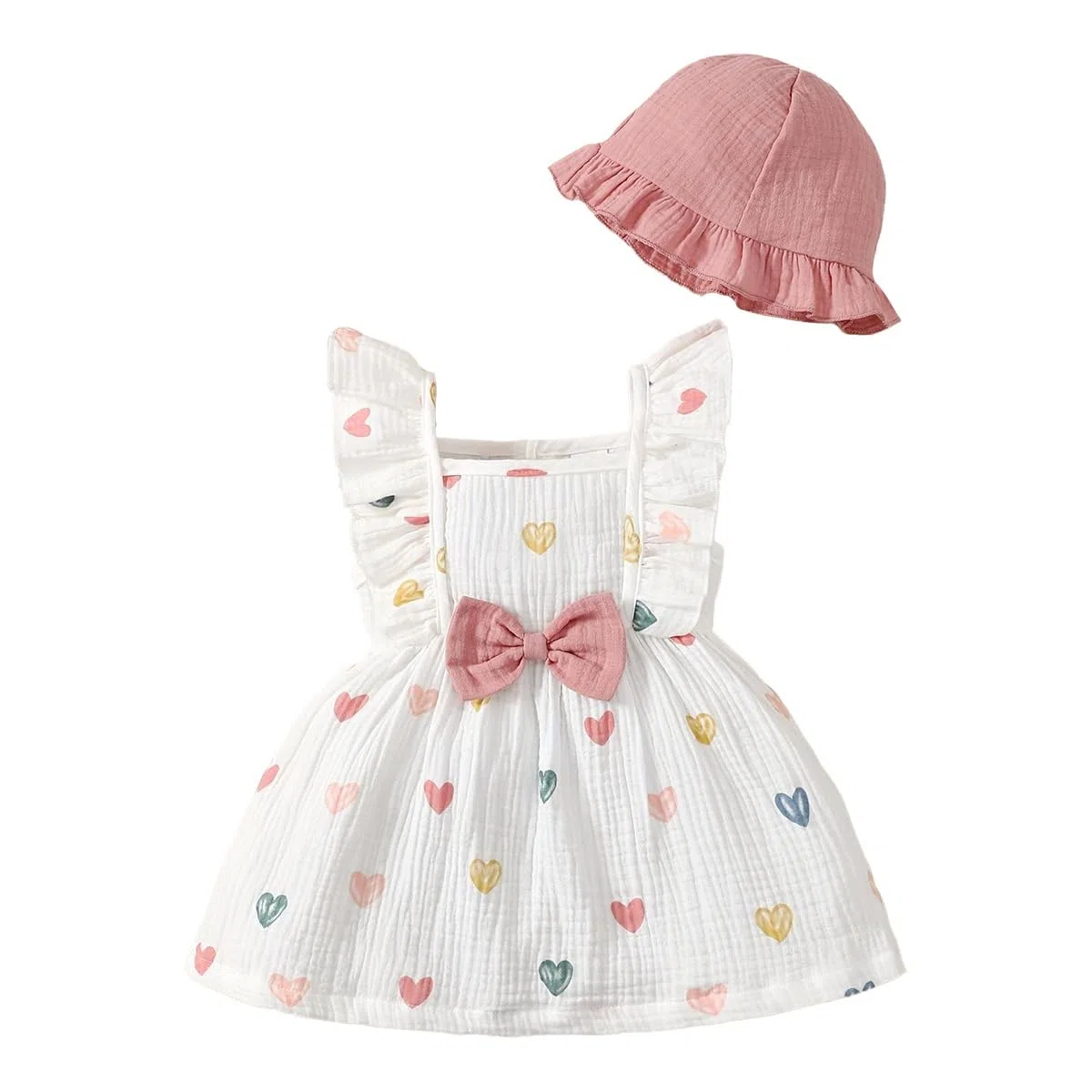 Kleinkind Baby Mädchen Sommer Kleid Outfit Rüschenärmel Herz/Blumenmuster Boho Kleider Niedliches Baby Sommerkleid mit Hut