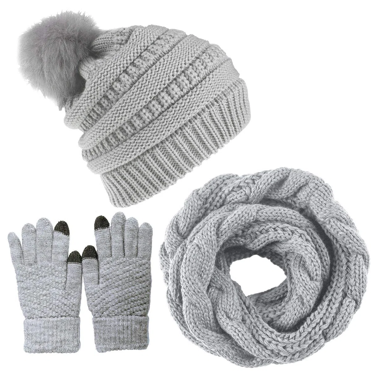 CheChury Strickmütze Schal Touchscreen Handschuhe Thermosocken Set Damen Beanie Gestrickt Winter Fleece Pompom Winterschal Kombi Wintersocken Set Loop Grobstrick Kombi Sets Loop Schal Geschenk
